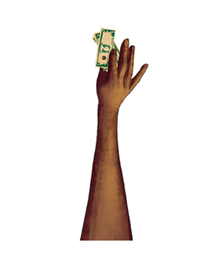 brown hand reaching up holding money