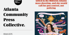 Image of Atlanta Community Press Collective hompeage with Shannon's op ed on the homepage; The illustrated portrait of Shannon is featured