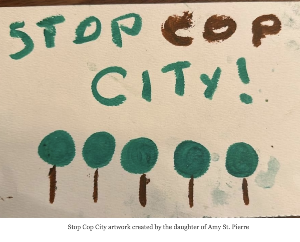 child's drawing that says Stop Cop City with trees painted below the letters